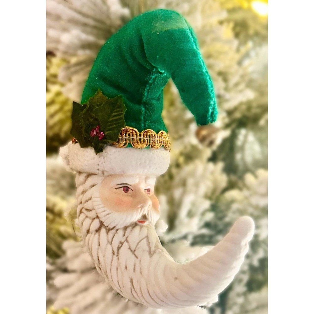 Vintage Crescent Moon Santa Face Christmas Ornament Old World Ceramic Velvet Hat